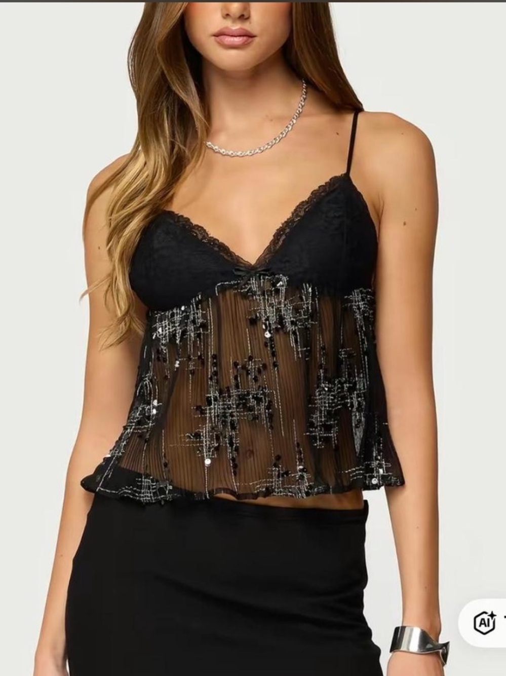 Edikted Sequin Mesh Babydoll Top - Picture 1 of 3
